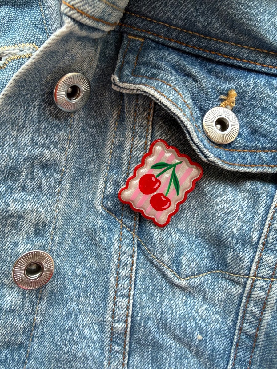 Cherry Postage Stamp Polymer Clay Pin Badge