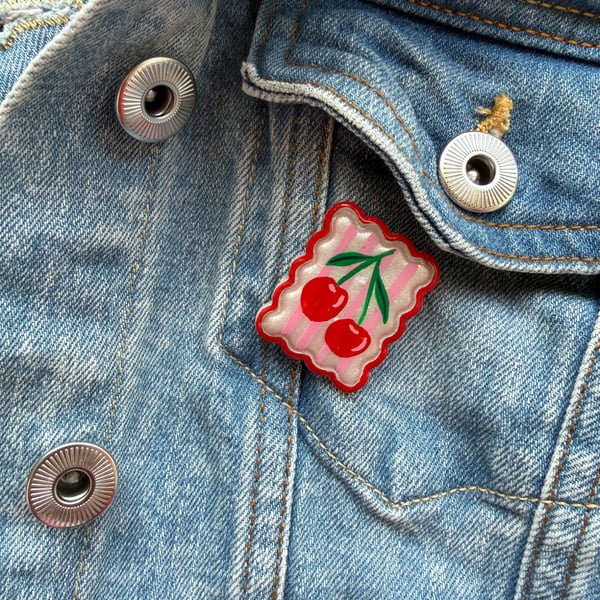 Cherry Postage Stamp Polymer Clay Pin Badge