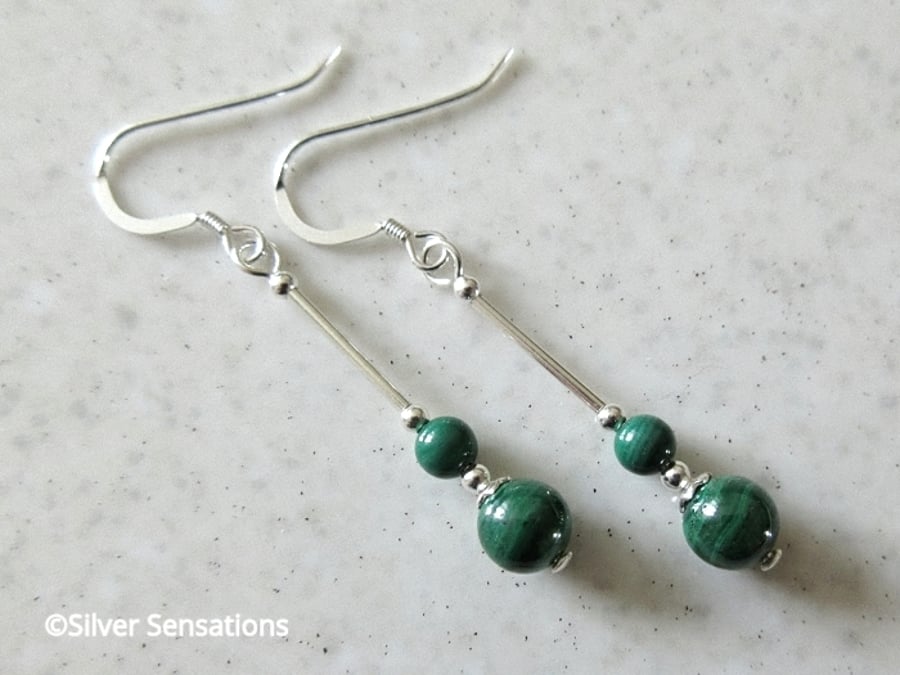 Natural & Genuine Stripey Green Malachite Earrings & Sterling Silver Tubes