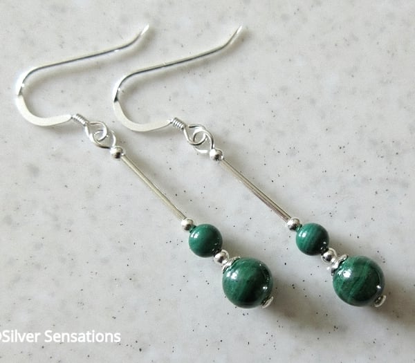 Natural & Genuine Stripey Green Malachite Earrings & Sterling Silver Tubes