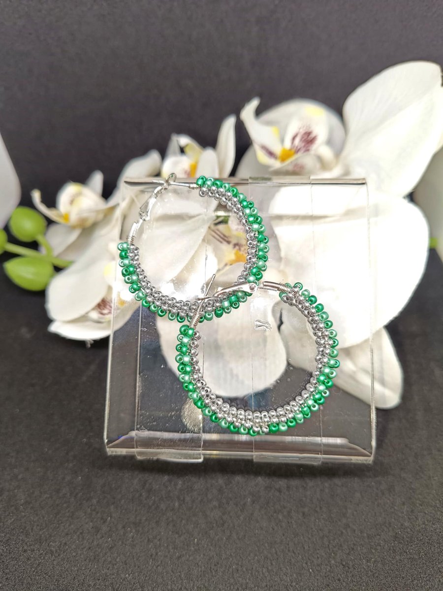 Gold Beaded Hoop Earrings - 4cm Stainless Steel Hoops with Satin Green & Silver 