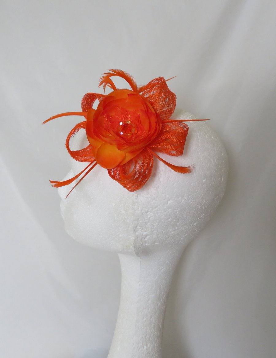 Bright Orange Sinamay Loop and Flower Clip in Fascinator Headpiece 