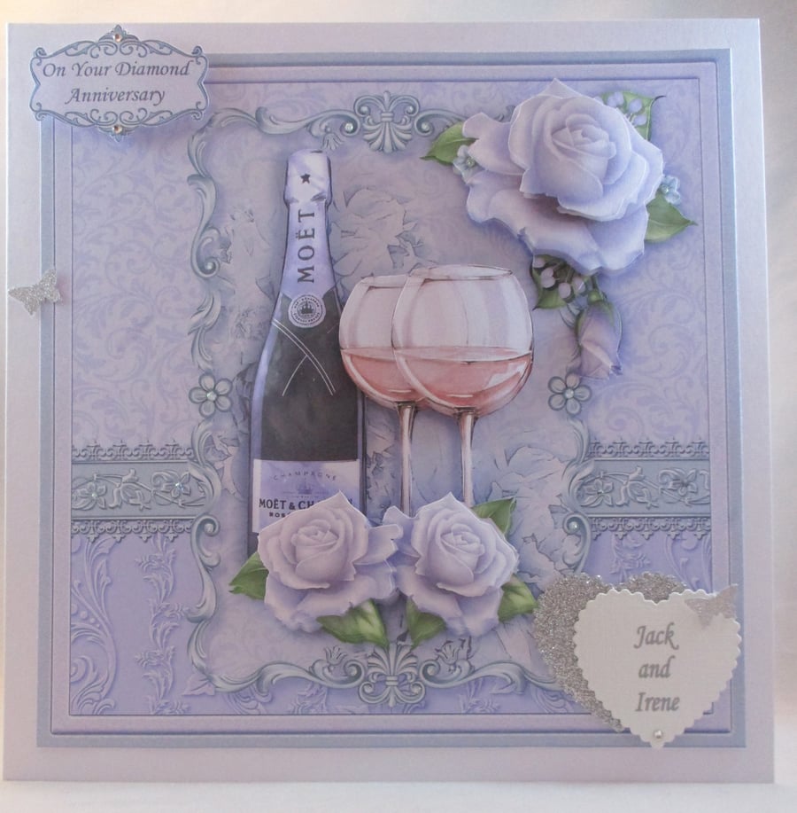  Large Diamond Wedding Anniversary  Card, Decoupage, 3D Champagne Flowers