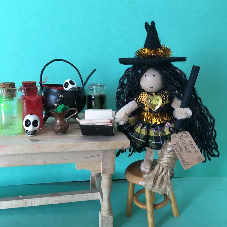Cornish Tartan Witch Doll Hanging Decoration, Halloween Decor, Witch Core