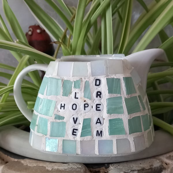 Small Cream Jug mosaicked and embellished with meaningful words.