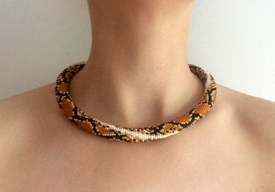 FREE SHIPPING Crochet Bead Rope Necklace Brown Snake Python Tribal Jungle