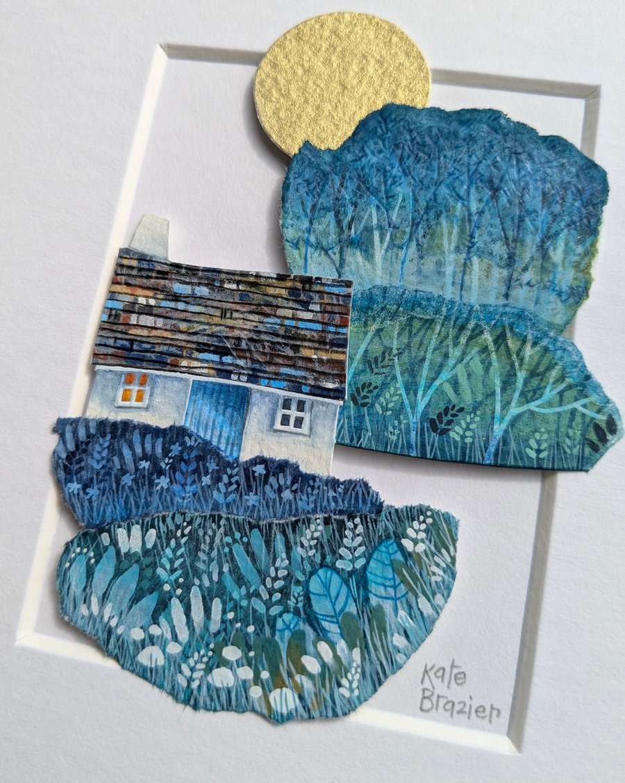 The Golden Moon over the Woods - Original miniature collage. A5 Mounted