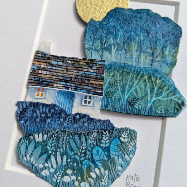 The Golden Moon over the Woods - Original miniature collage. A5 Mounted