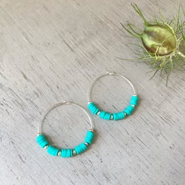 Turquoise coloured Heishi Bead Hoop Earrings, sterling silver