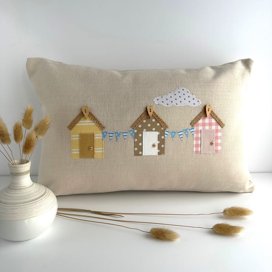 SALE - Beach Huts Cushion with Bunting
