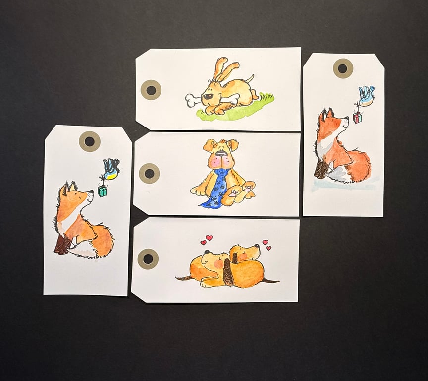 Set of five hand-painted gift labels using Penny Black stamps - Dogs and Foxes