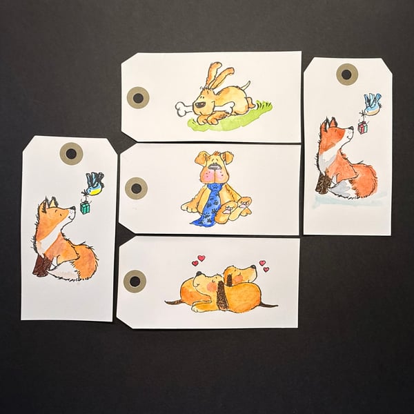 Set of five hand-painted gift labels using Penny Black stamps 