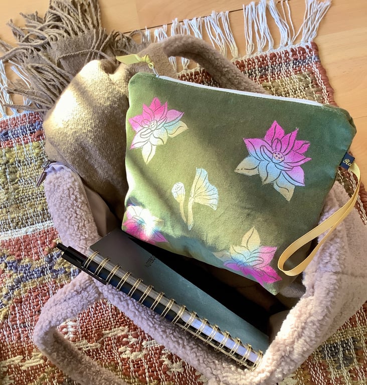 Lotus Flower Makeup Bag in Olive Velvet