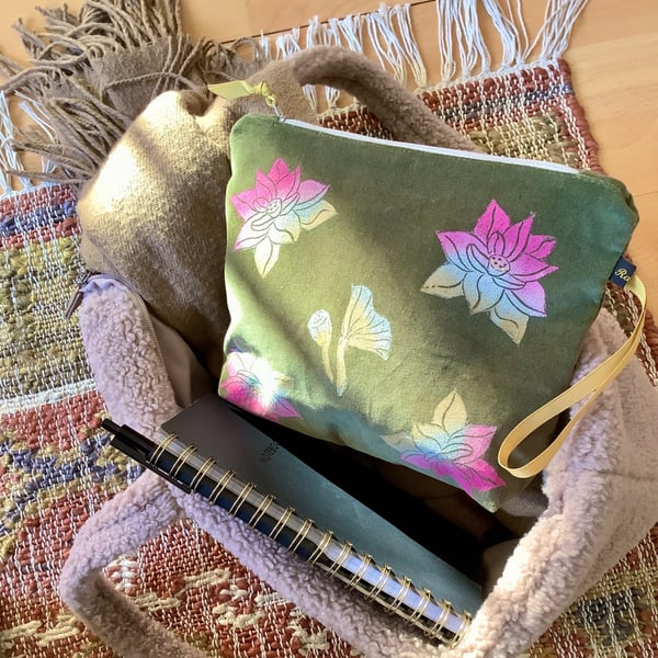 Lotus Flower Velvet Makeup Bag, Olive Green Cosmetic Pouch, Hand Printed Gift 