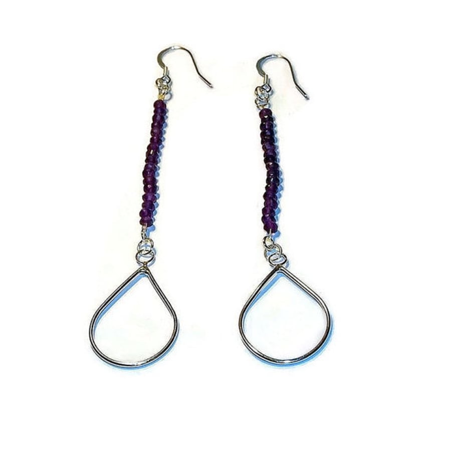 long amethyst bead and silver pear handmade earrings