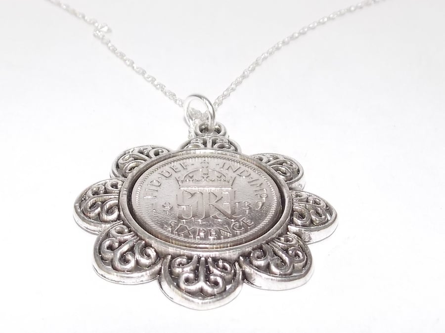 Floral Pendant 1937 Lucky sixpence 87th Birthday plus a Sterling Silver 18in Cha