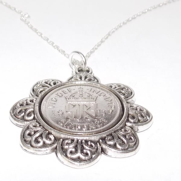 Floral Pendant 1937 Lucky sixpence 87th Birthday plus a Sterling Silver 18in Cha