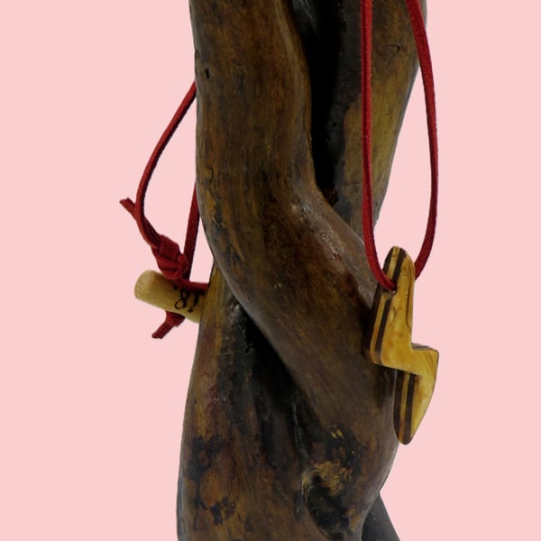 Handcarved Lightning Flash pendant: Black & White wood with Red necklace: 