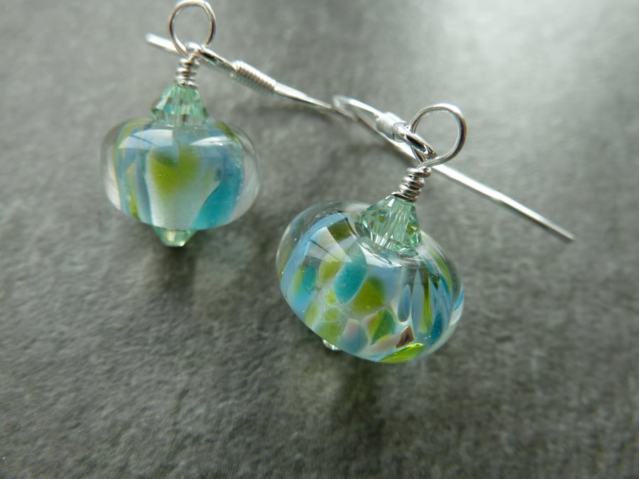 sterling silver, blue green lampwork glass earrings