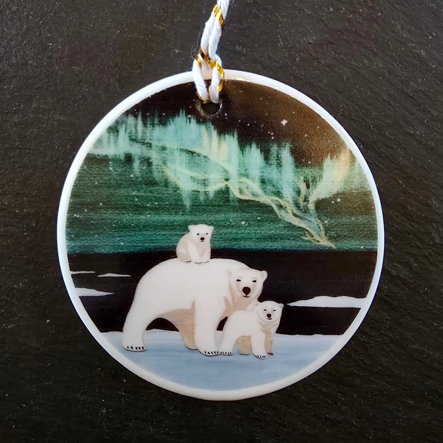 Polar Bear Family Ceramic Hanging Bauble 