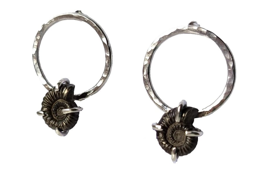 Pyrite Ammonite Fossil Earrings Recycled Sterling Silver Jewellery Gift in Box