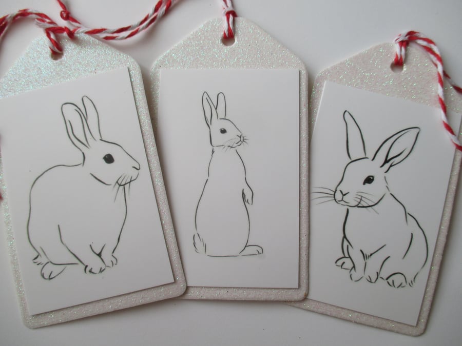 SALE Christmas Gift Tag Bunny Rabbit Line Drawing White Glitter x 3