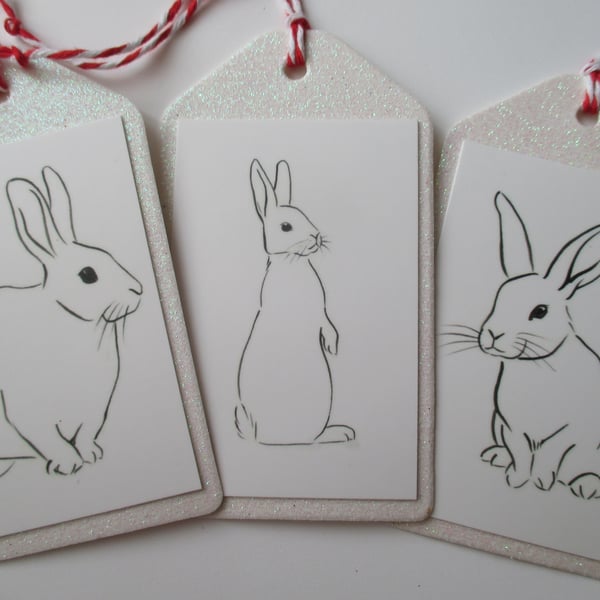 SALE Christmas Gift Tag Bunny Rabbit Line Drawing White Glitter x 3