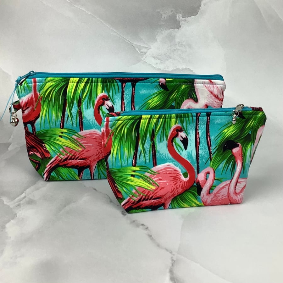Flamingos zip bag, Tropical makeup bag, 2 size options, Handmade