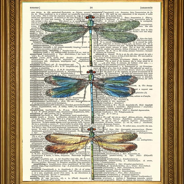 Dragonfly Art: Dictionary Print, Dragonflies Wallhanging