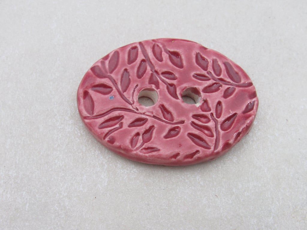 Large Rose Pink Sprig Oval Handmade Ceramic Button