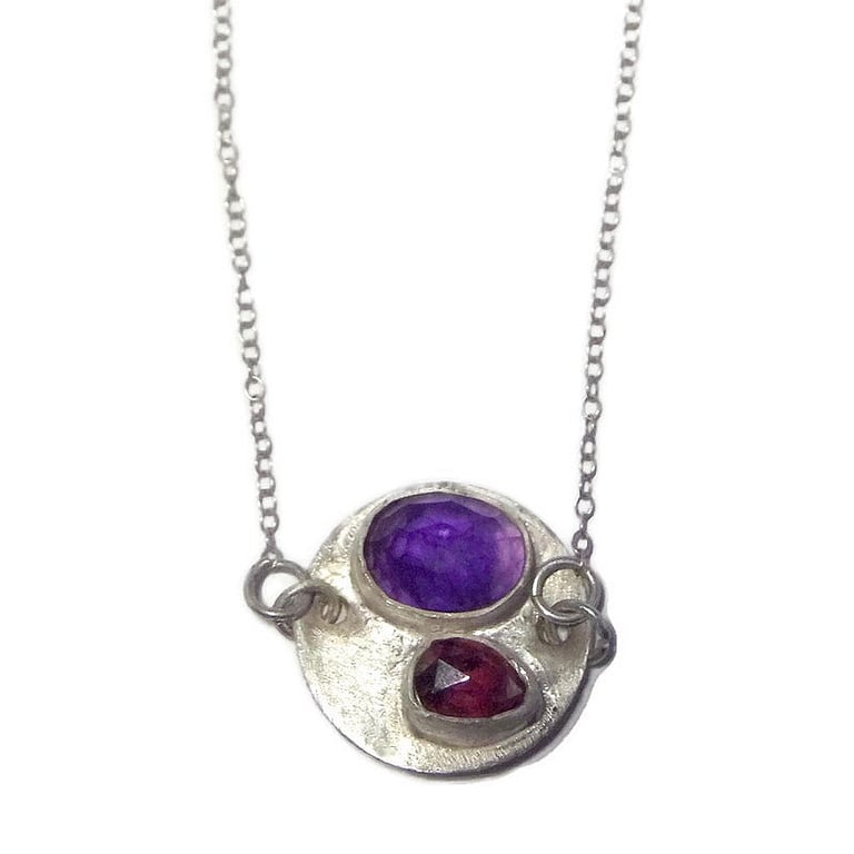 Handmade Sterling Silver Disc Necklace, Amethyst & Garnet Gemstone Pendant