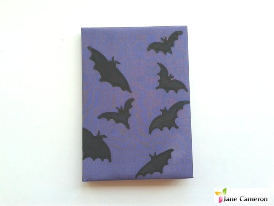 A6 hardback notebook journal lined - hand painted silk - purple black bats 410