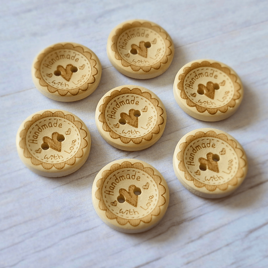 8 x Printed Natural Wooden Buttons - 20mm Handmade With Love