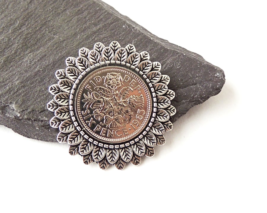 1963 Sixpence Brooch, 60th Birthday - 2323a