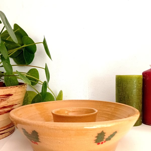 Ceramic, Christmas holly, chip and dip bowl, large, hand painted, party serving