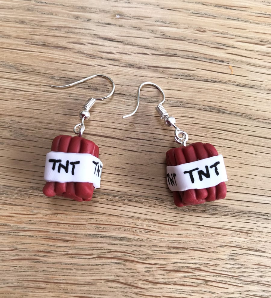Minecraft TNT dynamite explosive gamer polymer clay dangly earrings