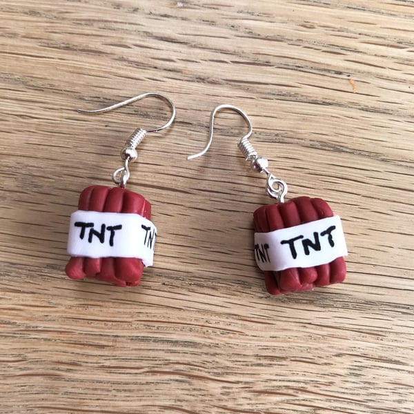 Minecraft TNT dynamite explosive gamer polymer clay dangly earrings