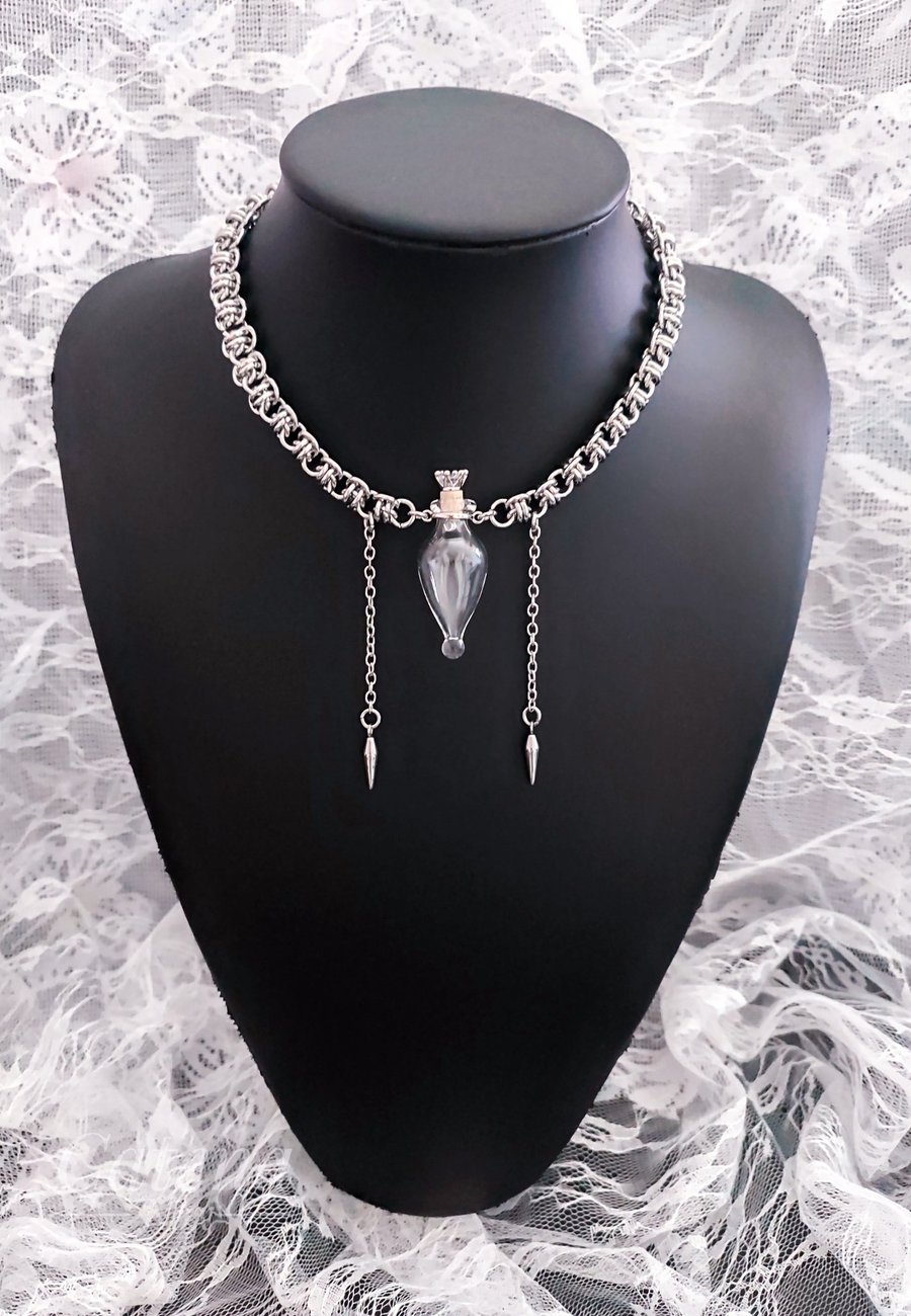 Victorian Gothic Glass Vial Chainmail Necklace Essential Oil Bottle Pendant