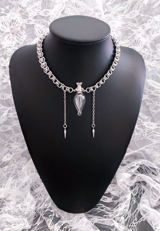 Victorian Gothic Glass Vial Chainmail Necklace Essential Oil Bottle Pendant