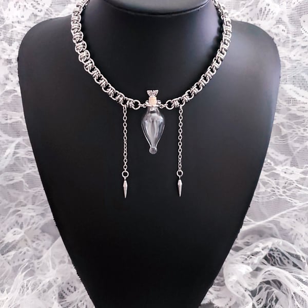 Victorian Gothic Glass Vial Chainmail Necklace Essential Oil Bottle Pendant