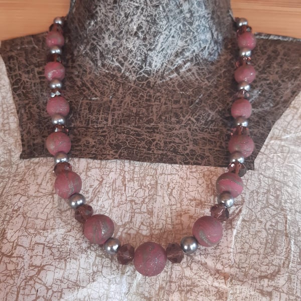 Warm Raspberry Pink  & Silver Swirl Necklace