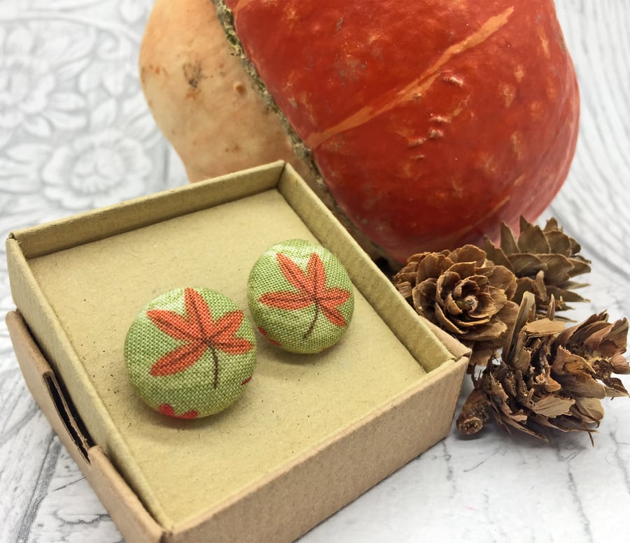 Burnt orange autumn leaf green fabric button stud earrings nature lover