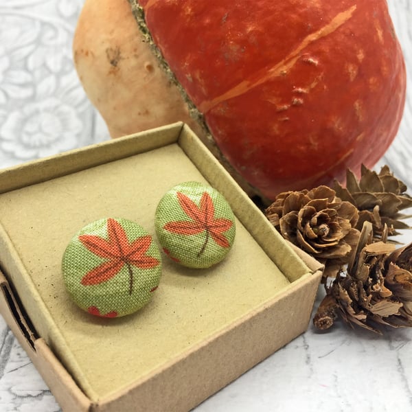 Burnt orange autumn leaf green fabric button stud earrings nature lover