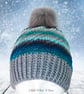 Crochet hat, beanie. Blue and grey ombre ladies swirl pom pom hat. Ladies hat. - Image 5