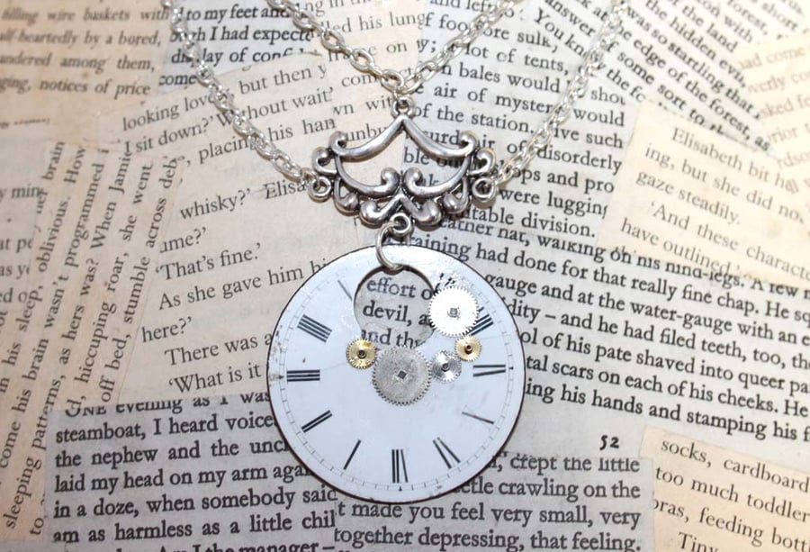 Silver Steampunk Repurposed Vintage Watch Face Handmade Necklace