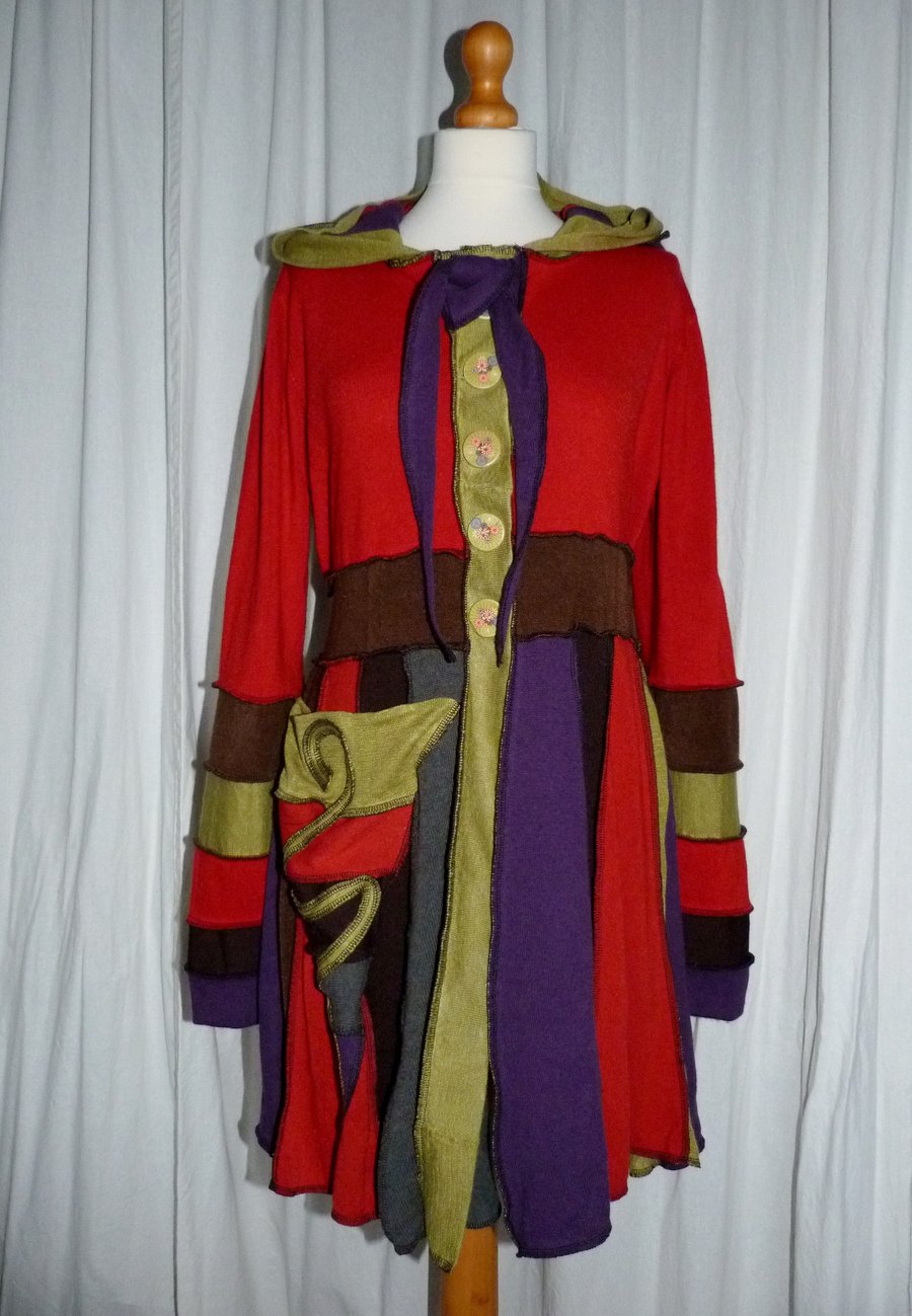 Upcycled Sweater Coat in Red Brown Purple with Hood, Waist Ties and Pocket