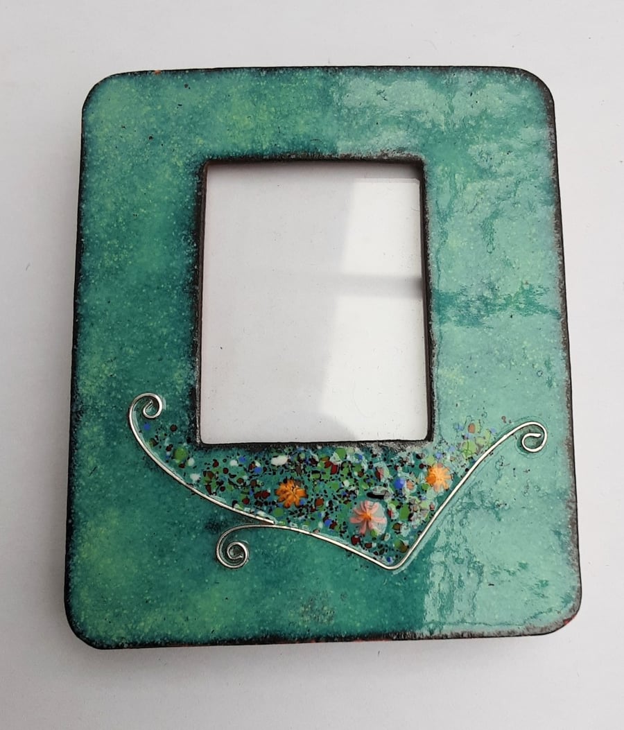 ENAMELLED PHOTO FRAME - FLORAL - HAND CRAFTED - SEA GREEN -STERLING SILVER WIRE.