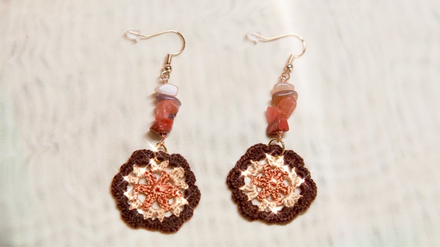 Red Jasper, sunstone nuggets Microcrochet Earrings 