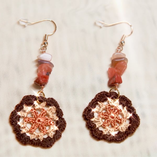 Red Jasper, sunstone nuggets Microcrochet Earrings 