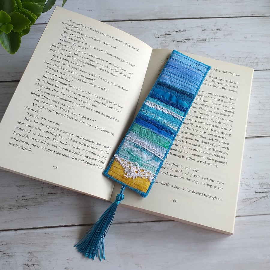 Embroidered Bookmark, Coastal Seascape